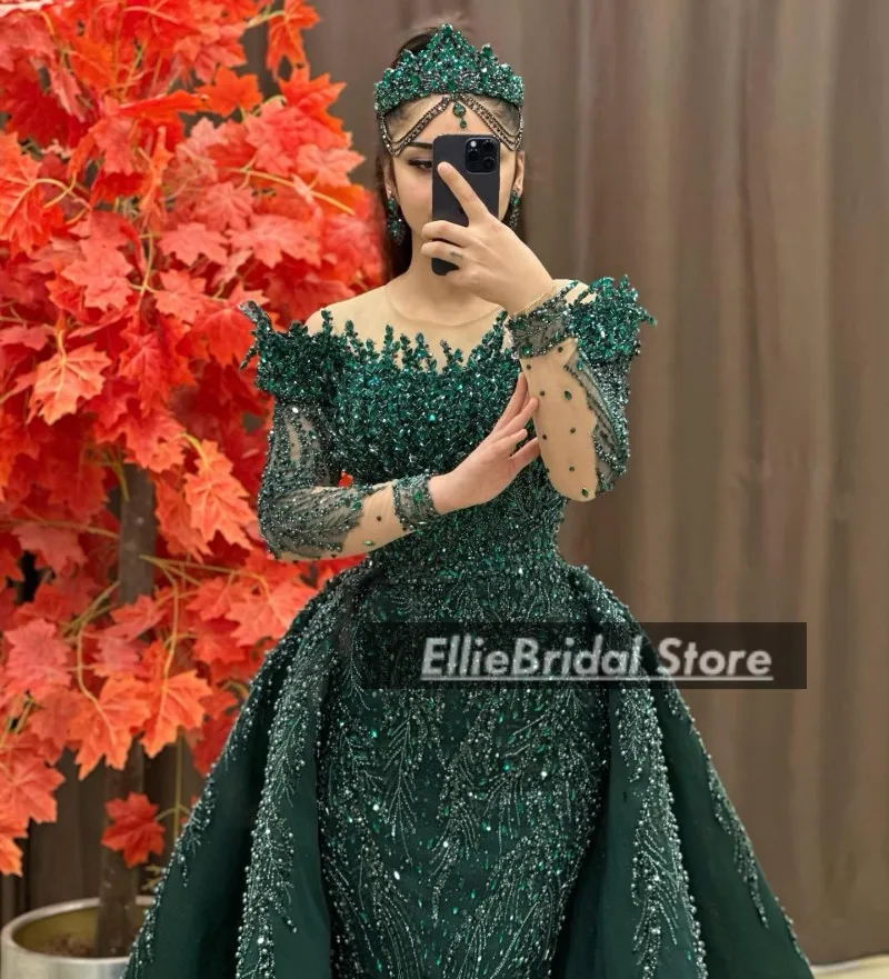 

Green Evening Dresses With Detachable Train Crystal Wedding Party Dress Long Sleeves Mermaid Prom Gowns Customized