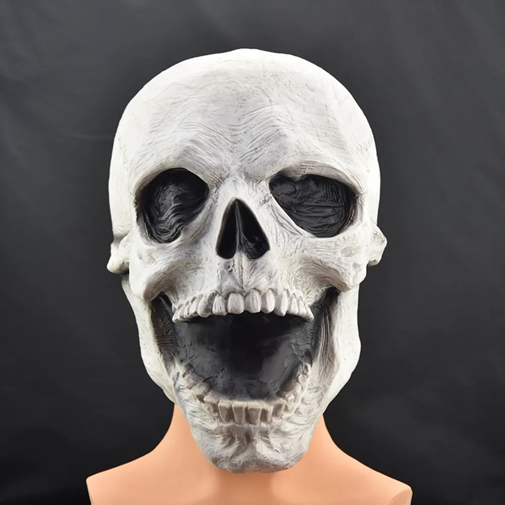 Creepy Halloween Full Head Skull Mask with Movable Jaw, Adult Entire Head Realistic Latex Helmet, Cosplay Party Scary Skeleton