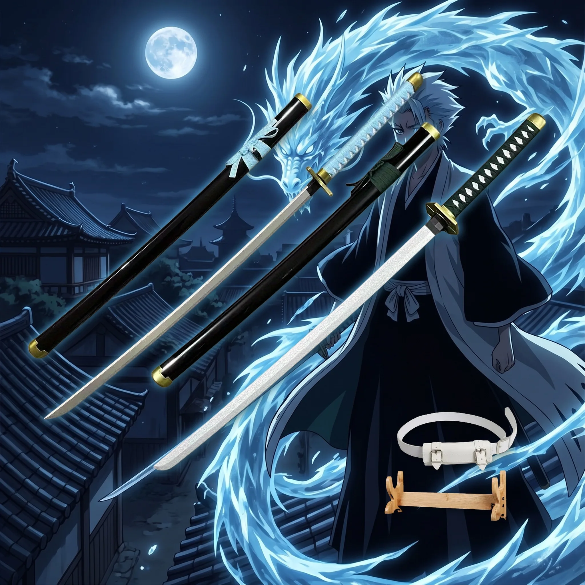 Espada Katana Hyorinmaru de Bleach de 40 Pulgadas, Set de Espada y Cuchillo Ninja con Soporte y Cinturón, Espada de Plástico Segura para Cosplay, Exhibición y Fotografía