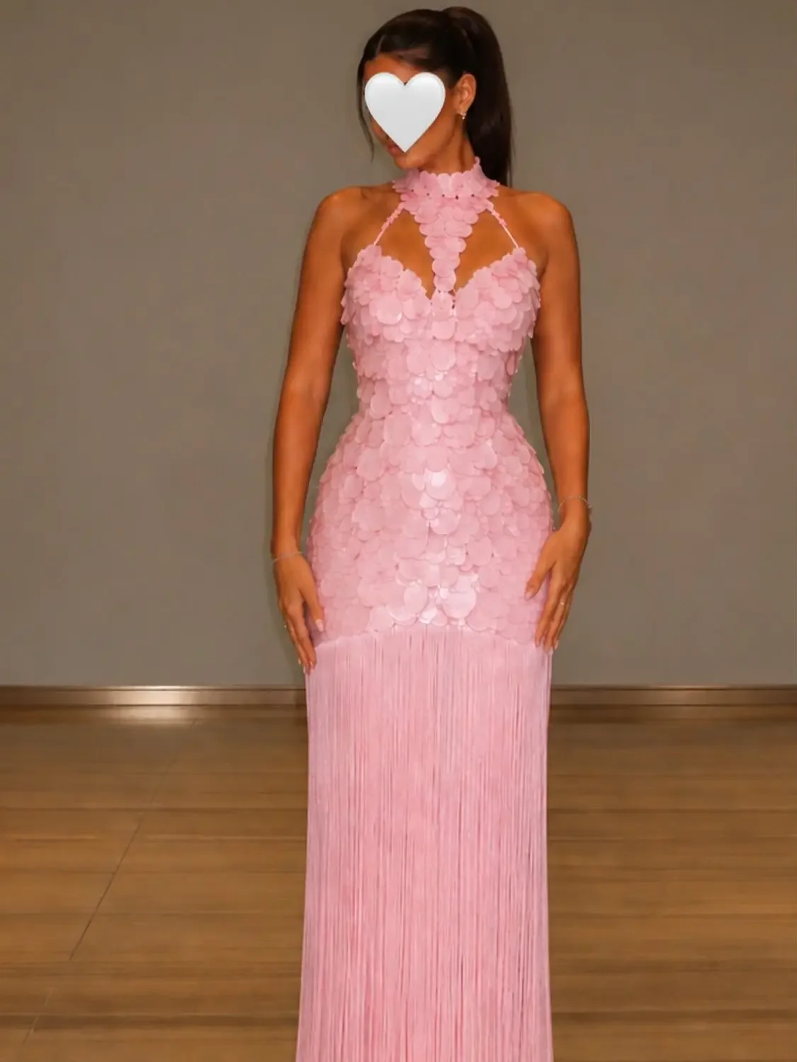 Soft Baby Pink Prom Dress Halter High Neck Front Cutout Large Disc Sequin Bodice Long Fringe Mermaid Skirt Wedding Guest Homecom