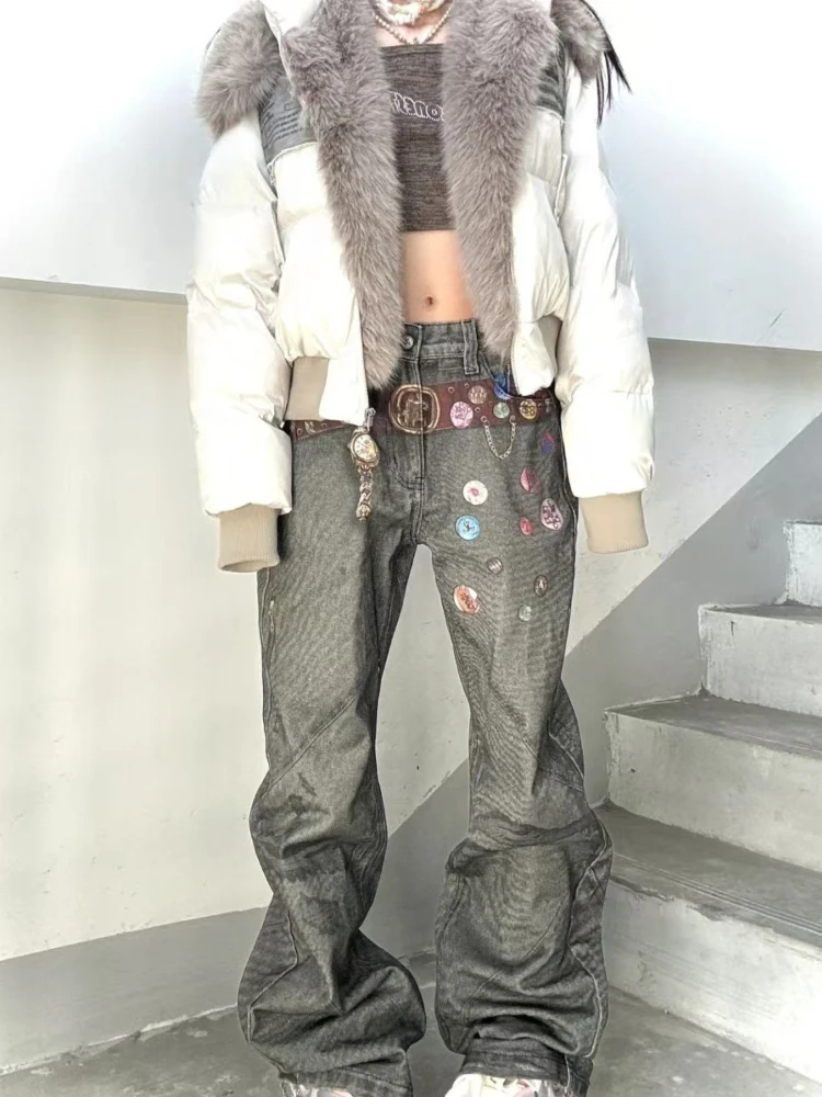American Vintage Long Sleeve Hooded Parkas Patchwork Faux Fur Collar Women Casual Streetwear Y2k Retro Harajuku 2025 Winter