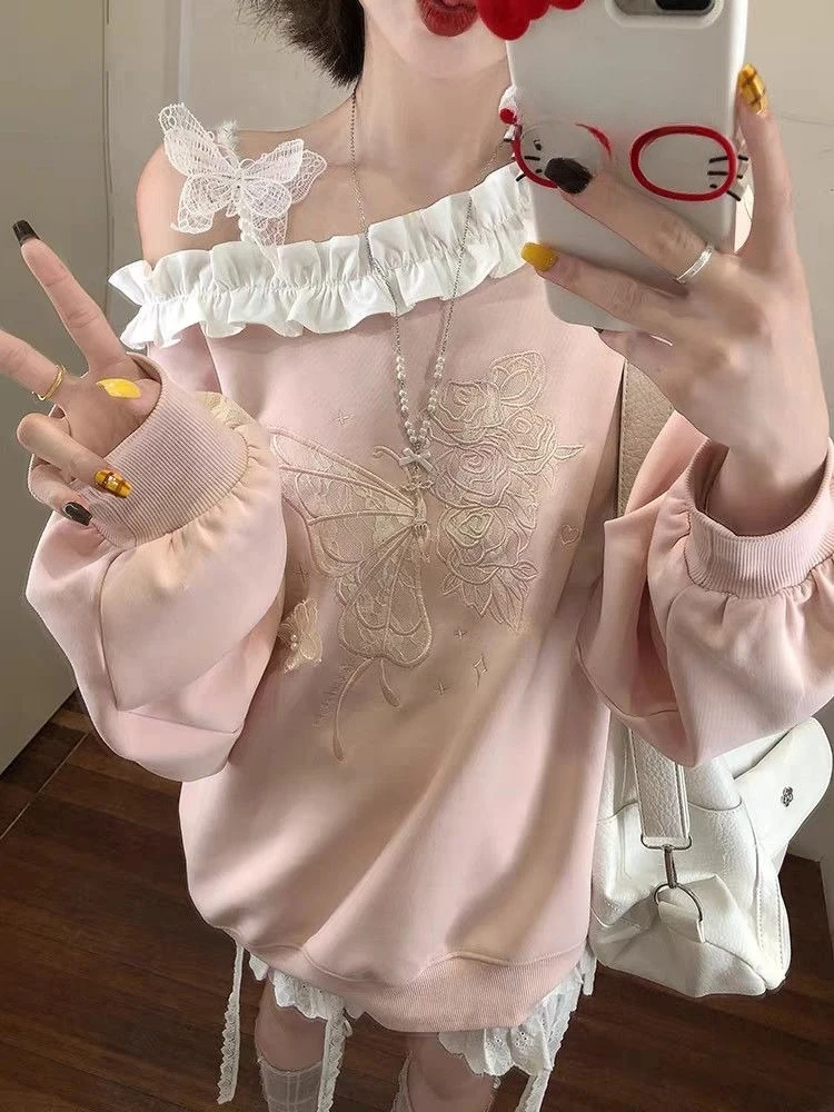 Off Shoulder Sweatshirt Ruffle Collar Lace Loose Soft Daily Wear Sweater Pullover Outfit 2025 Winter Fashion Female Fashion New view 2