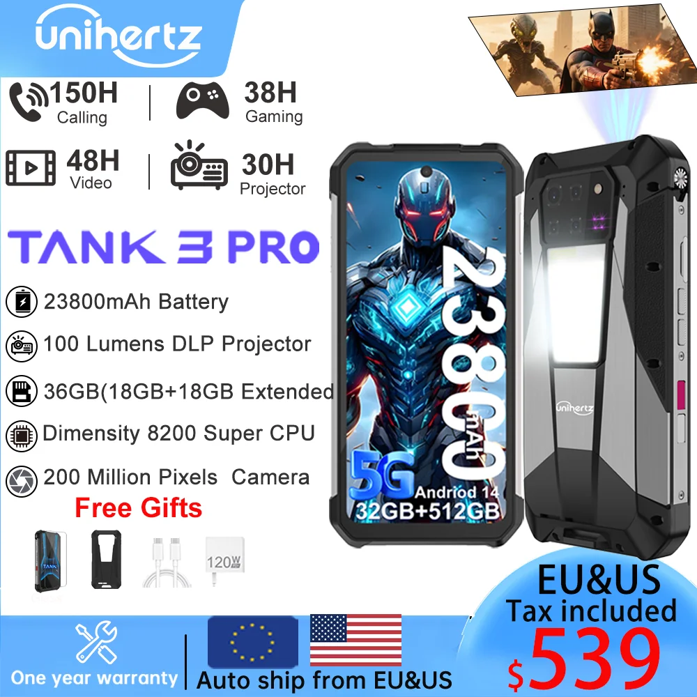 

Прочный смартфон Unihertz Tank 3 Pro 8849, 5G, Android, проектор 100 люмен, 32 ГБ, 512 ГБ, 23800 мАч, 6,79 дюйма, водонепроницаемый телефон FHD
