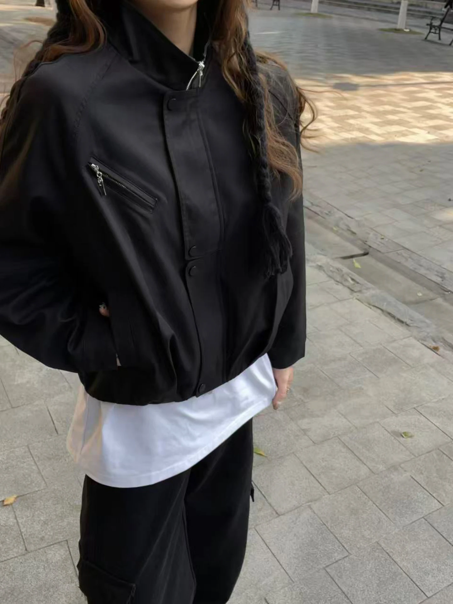 

Casual Loose Stand Collar Jaet ex Spring Autumn New Sle Bla Faion Brand Versatile Men's Women's ort Outerwear