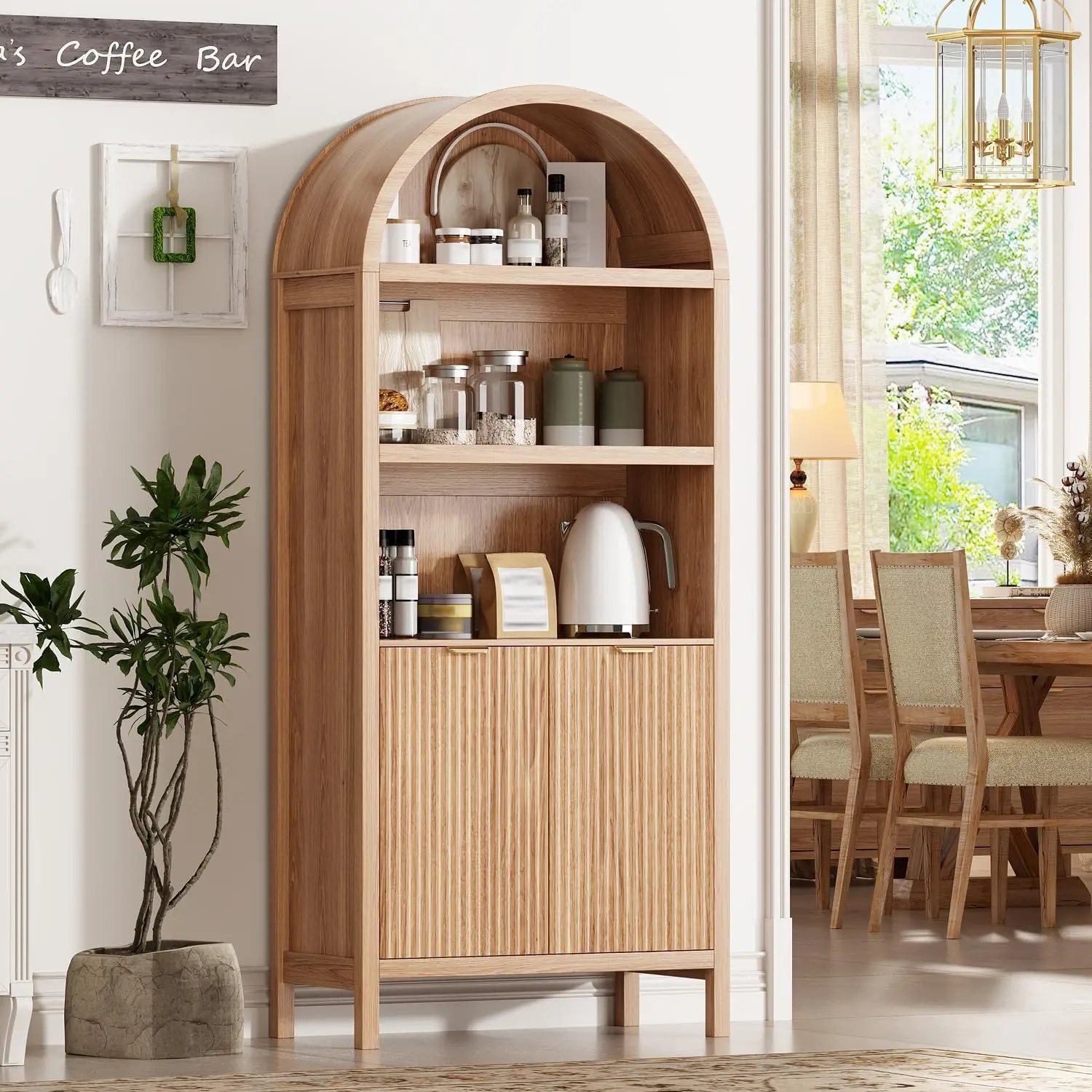 

71" Tall Arched Kitchen Pantry,Modern Fluted Wood Storage Cabinet with Doors,Adjustable Shelves,Organizer, Versatile Cupboard