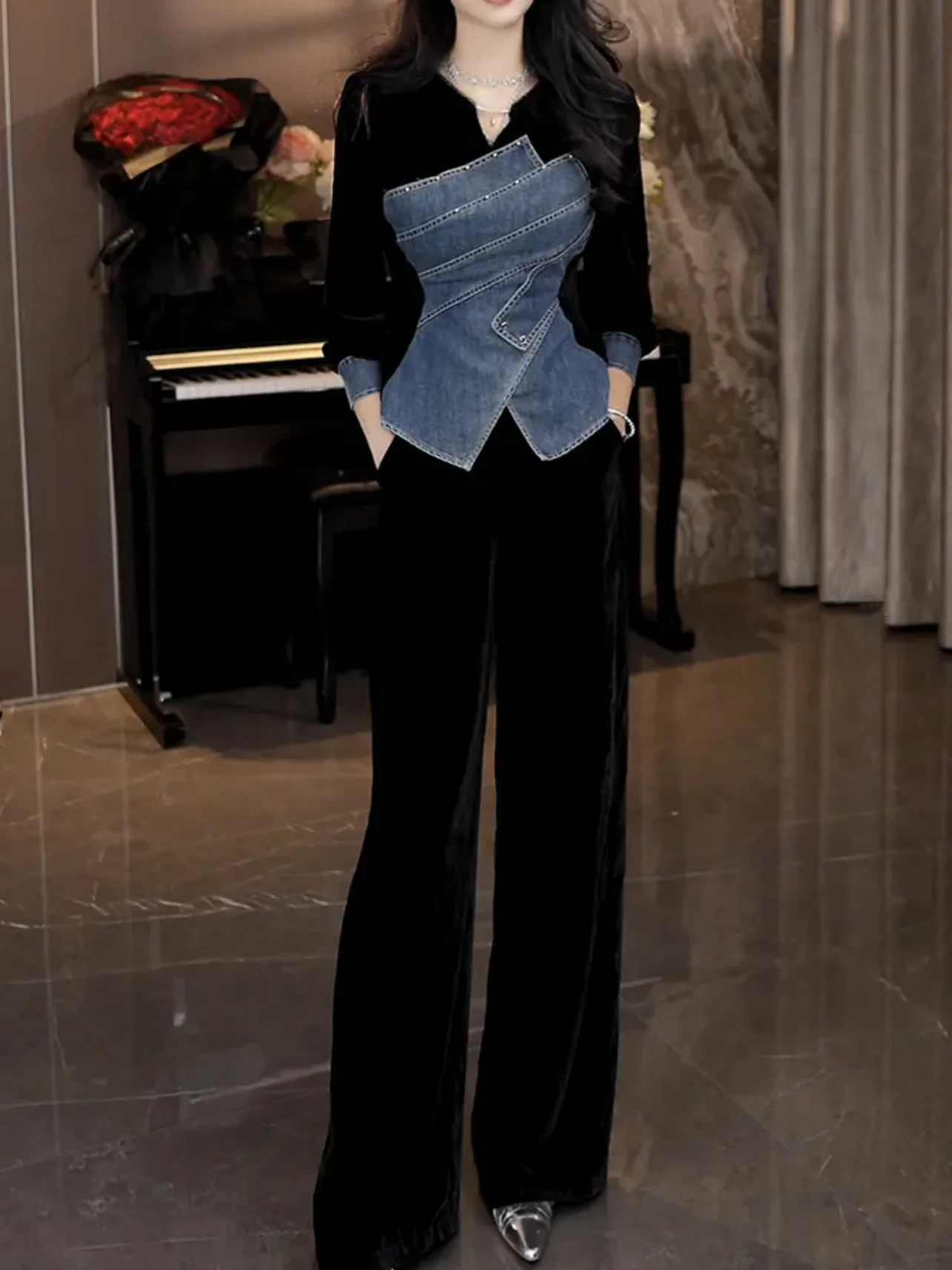 

Женская бархатная футболка с длинным рукавом, асимметричные джинсы с высокой талией, лоскутный дизайн, утягивающий эффект, модная повседневная одежда для весны и осени