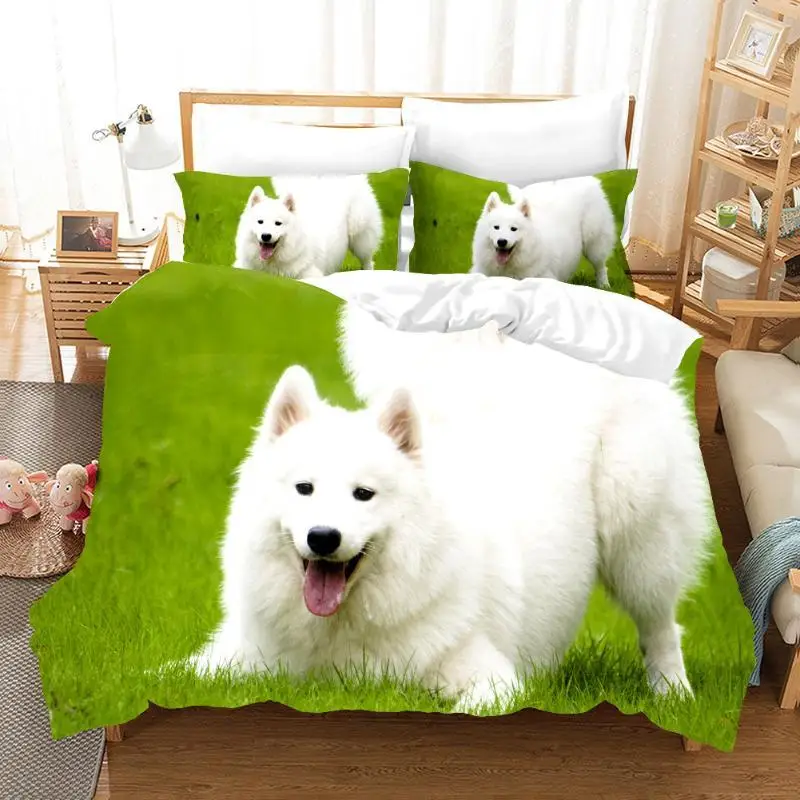 Samoyed Duvet Cover Set Cute Dog Pattern Decor Bedding Set Grass Green for Kids Girls Adults Lovely Animal Polyester Quilt Cover