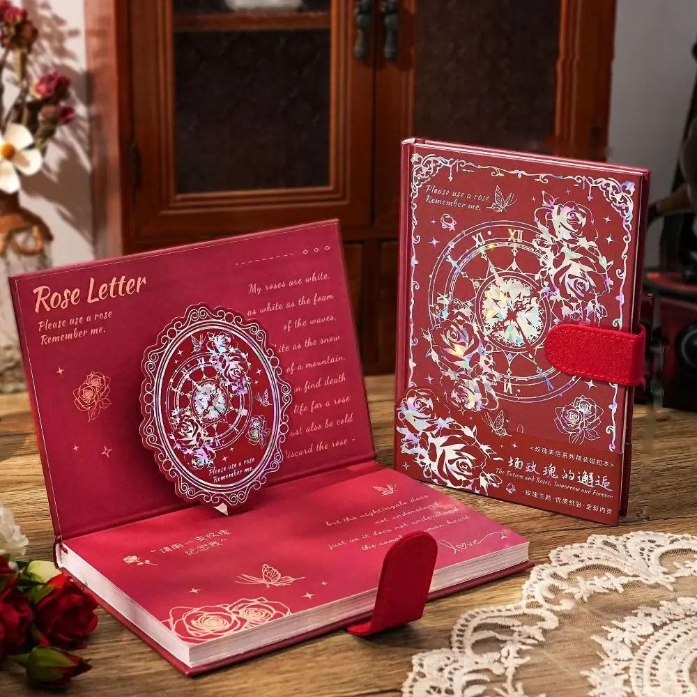 Rose Style Exquisite Diary Notebook Color Pages Magnetic Button Retro Rose Notebook Portable Gift Stickers