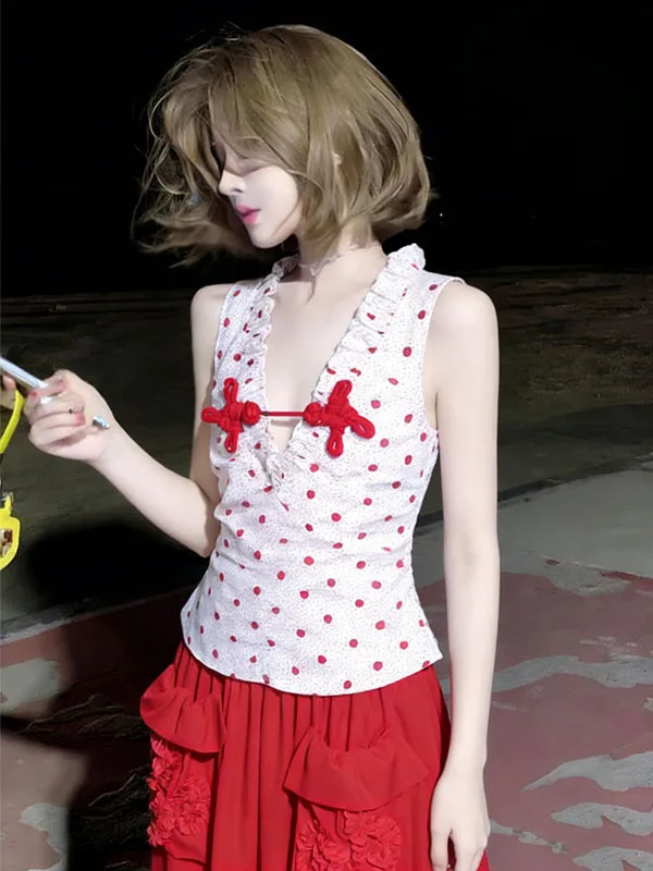 

Dopne Le Svel Polka Dot Vest Top Summer New Faion Design Red ter Skirt Set Women's Romantc Sle Breathable