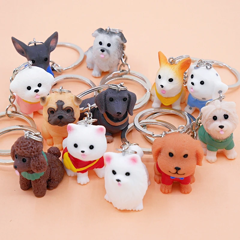 Lovely Mini Resin Dog Miniature Figurines Terrarium Crafts Realistic Animals Puppy progeny Pendant Keychains Keyring Key Chain