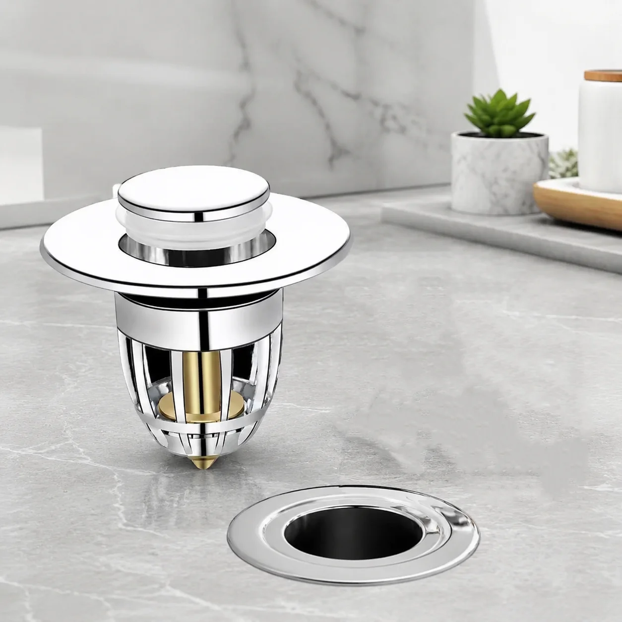 Universal Rebound Drain Plug Filter Basin Pop-up Chrome Sink Filter with Hair Catcher Bathroom Sink Drain Stopper Easy Push Type