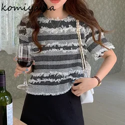 Komiyama Small Fragrance Hit Color Stripe Y2k Clothes O Neck Tassel Patchwork Tops Women Short Sleeve T Shirt Casual Tees