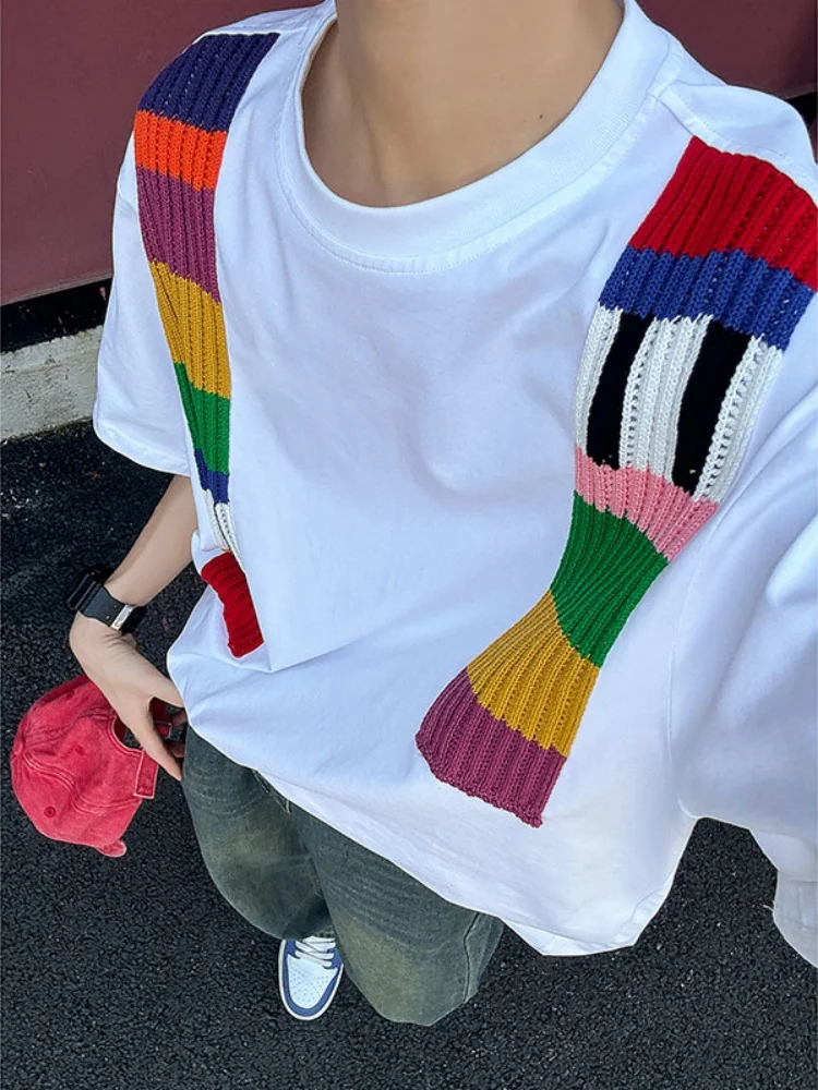 

Мужская летняя футболка с коротким рукавом в стиле пэчворк, американское ретро, оверсайз, повседневная мода