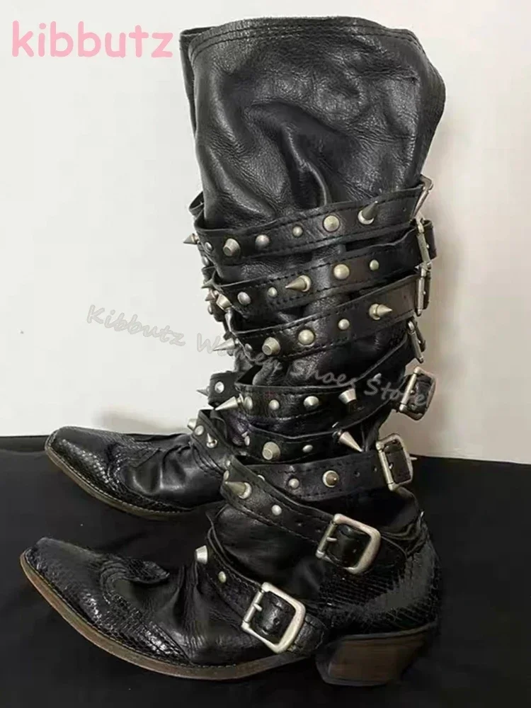 

Rivets Boots Knee High Snake Print Leather Punk Fashion Luxury Sexy Belt Buckle Pointed Toe Square Heels Solid Color Shoes New