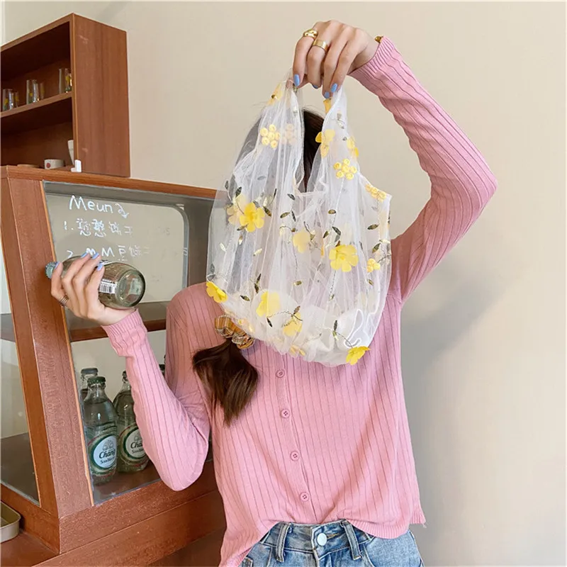 Korean Transparent Lace Embroidered Flower Handbag,Flower Elf Little Fresh Mesh Female Student Beach Handbag,Daily Shopping Bag