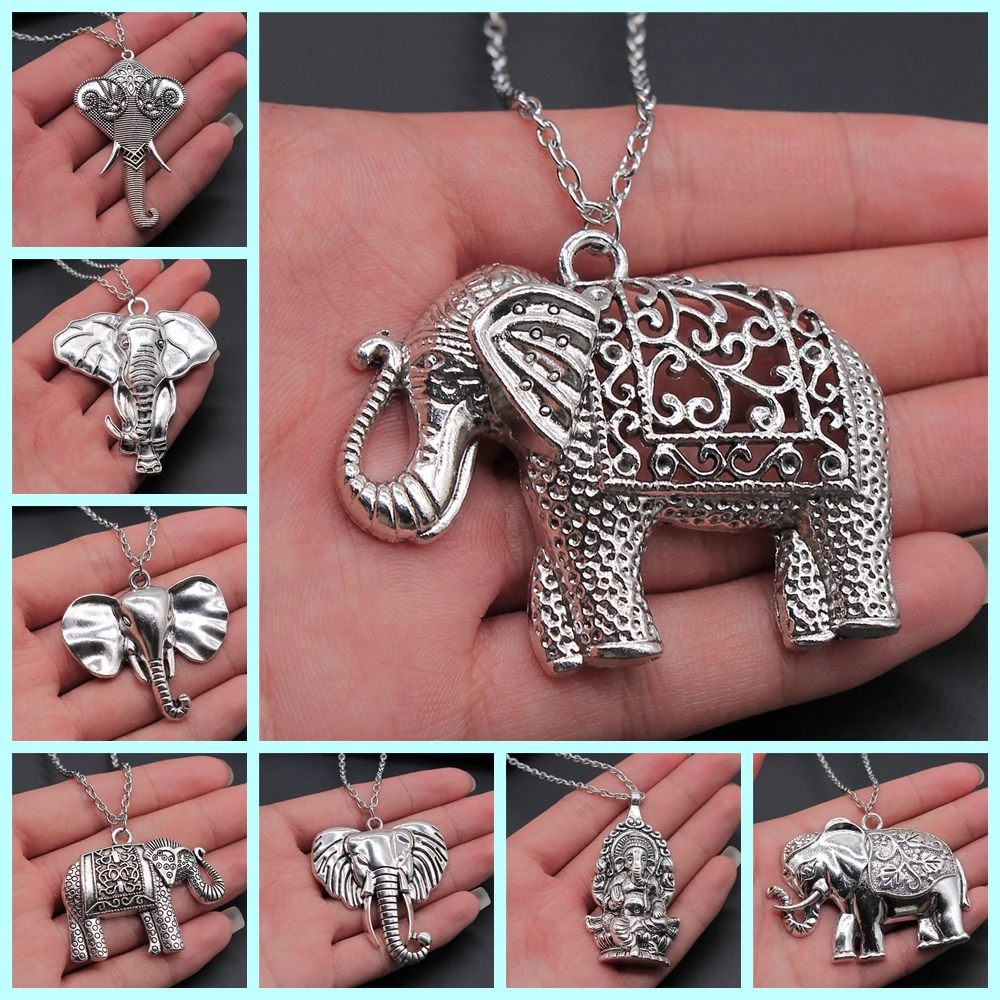 Thai Elephant Pendant Necklace Fashion Vintage Antique Silver Color Big Elephant Necklace Long Chain Metal Chain Necklace