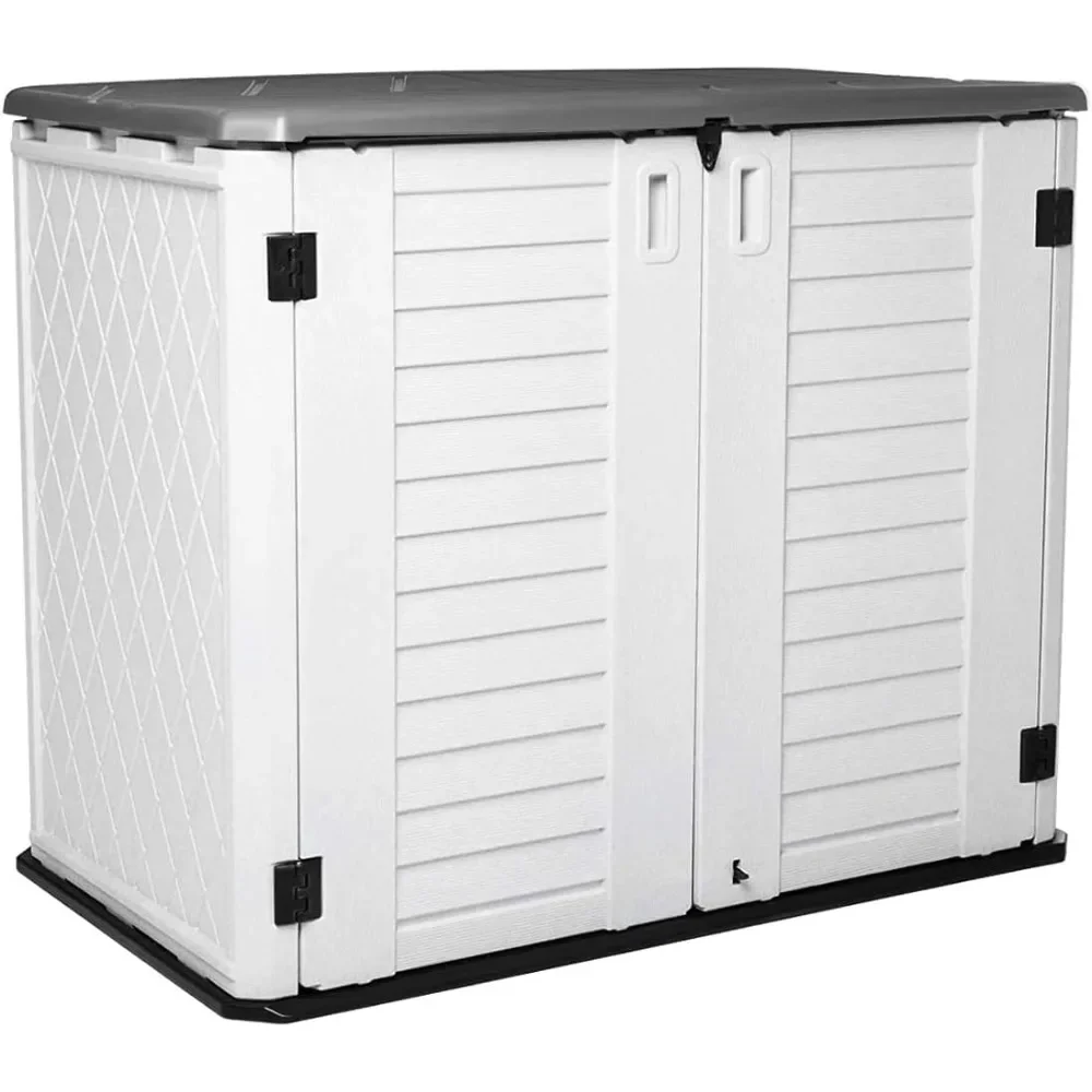 Backyard and patio level outdoor garden storage sheds, waterproof storage bins, 26 cubic foot capacity trash cans, lawn mower