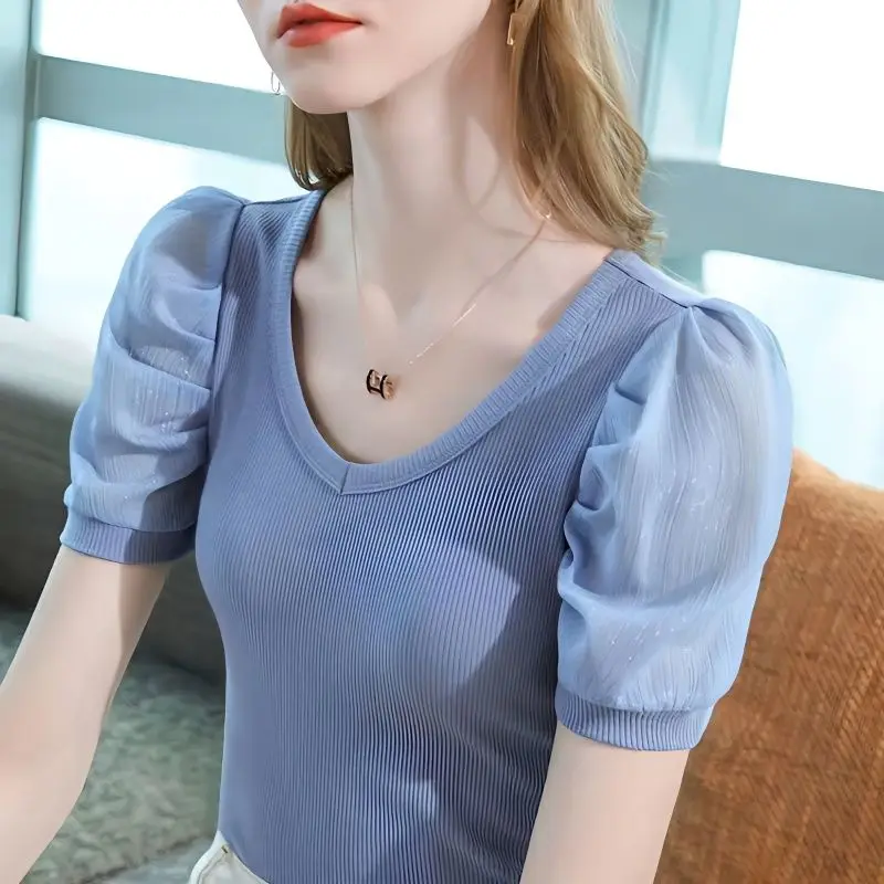 

Summer Fashion New Korean V-neck Short Sleeved T-shirt Women's Solid Patchwork Gauze Elegant Simple Slim Bubble Sleeve Thin Top