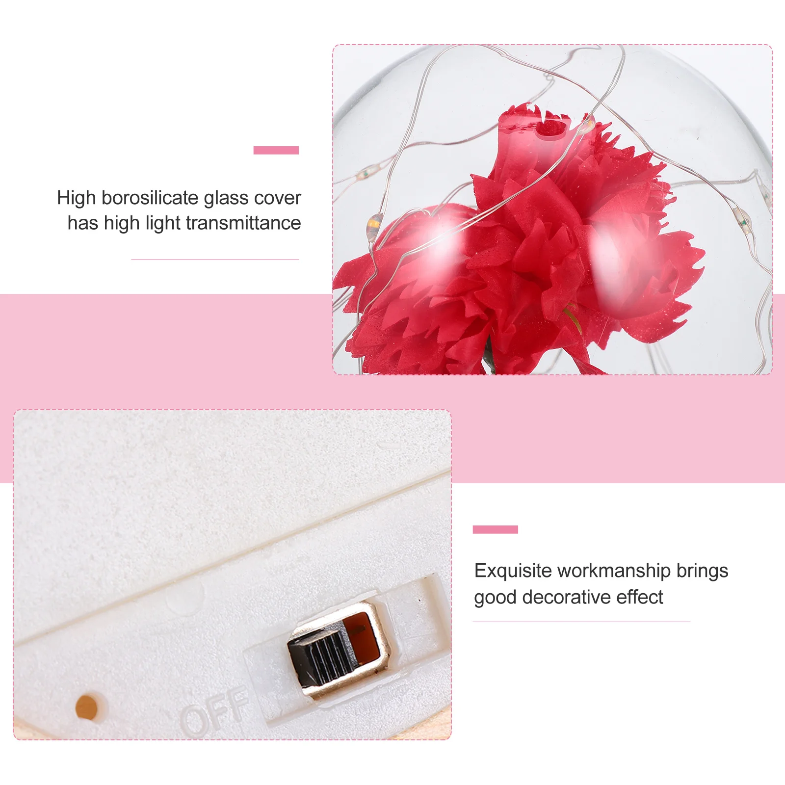 

1Pcs Carnation Glass Dome Flower Lamp LED Decorative Romantic Night Light Glass Shade Flower Light Birthday Mother's Day Gift