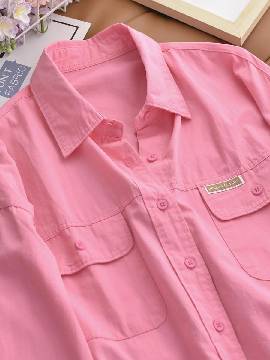 

Розовый иронт, женский Long Sve New Sle, весна-лето, повседневный универсальный однотонный многослойный воротник из чистого хлопка, свободный крой