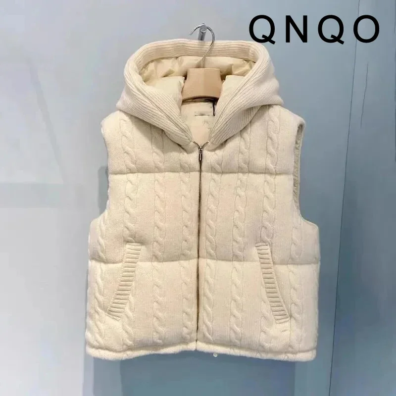 QNQO Vest Parkas for Women Hooded Sleeveless Chic Casual Zipper Coat Autumn Winter 2024 New Fashion Solid Female Thermal Vests