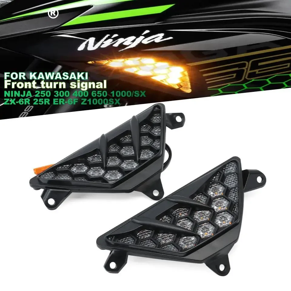 

Front Turn Signal For KAWASAKI NINJA 250 300 400 650 1000/SX ZX-6R 25R ER-6F Z1000SX LED Turn Warning Light Beehive Signal Light