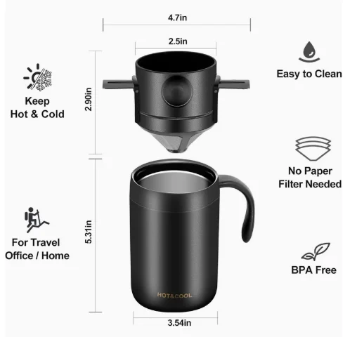 Portable Pour Over Coffee Mug Set 500ml Stainless Steel Vacuum Insulated Travel Coffee Cup Foldable Dripper Filter for Home Outd