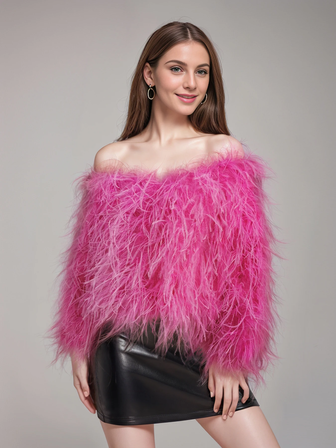 Fashion sexy 100% real ostrich feather boat neck design women\'s off shoulder short coat Length 40 cm party real fur coat jacket