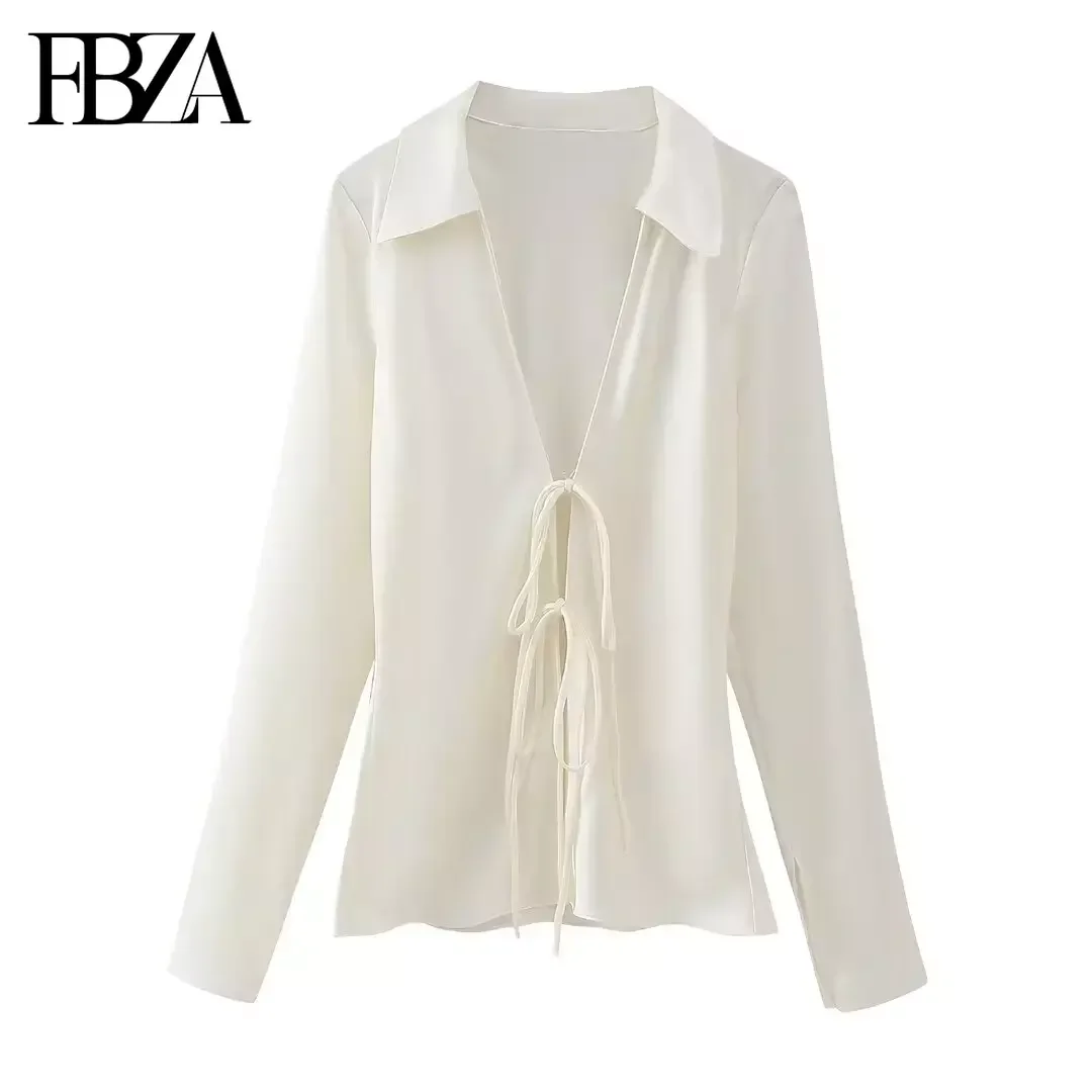 TRAF Women Fashion Spring New 2024 Bow Satin Texture Long Sleeve Lapel Blouse Street Clothing Shirt Chic Ladies Tops Mujer