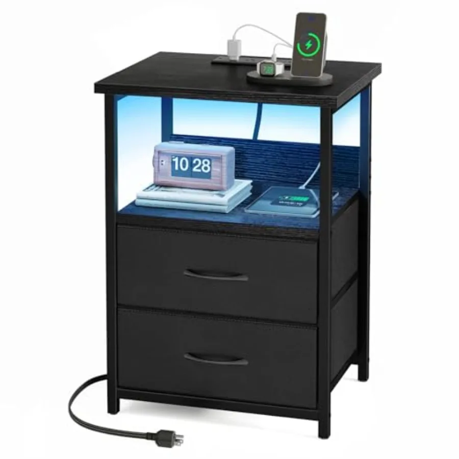 

Прикроватная тумбочка с зарядной станцией, LED-подсветкой, USB-портами и розетками для небольших помещений, 2 тканевых выдвижных ящика для хранения