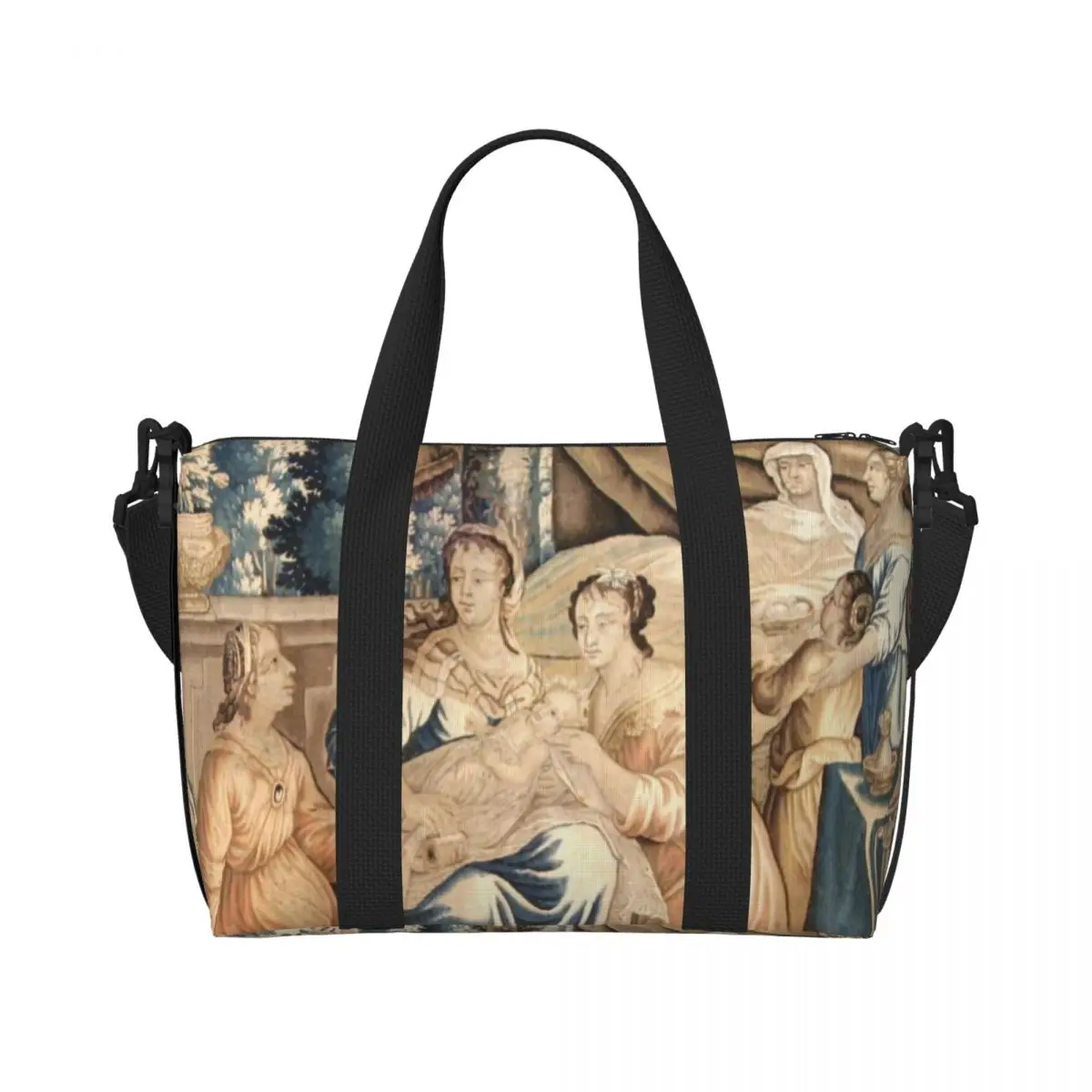 Aangepaste Aubusson Tapestry 18e geboorte van de Maagd Maria Tote Bag Dames Grote Capaciteit Franse Bloemen Gym Strand Schouder Reistas