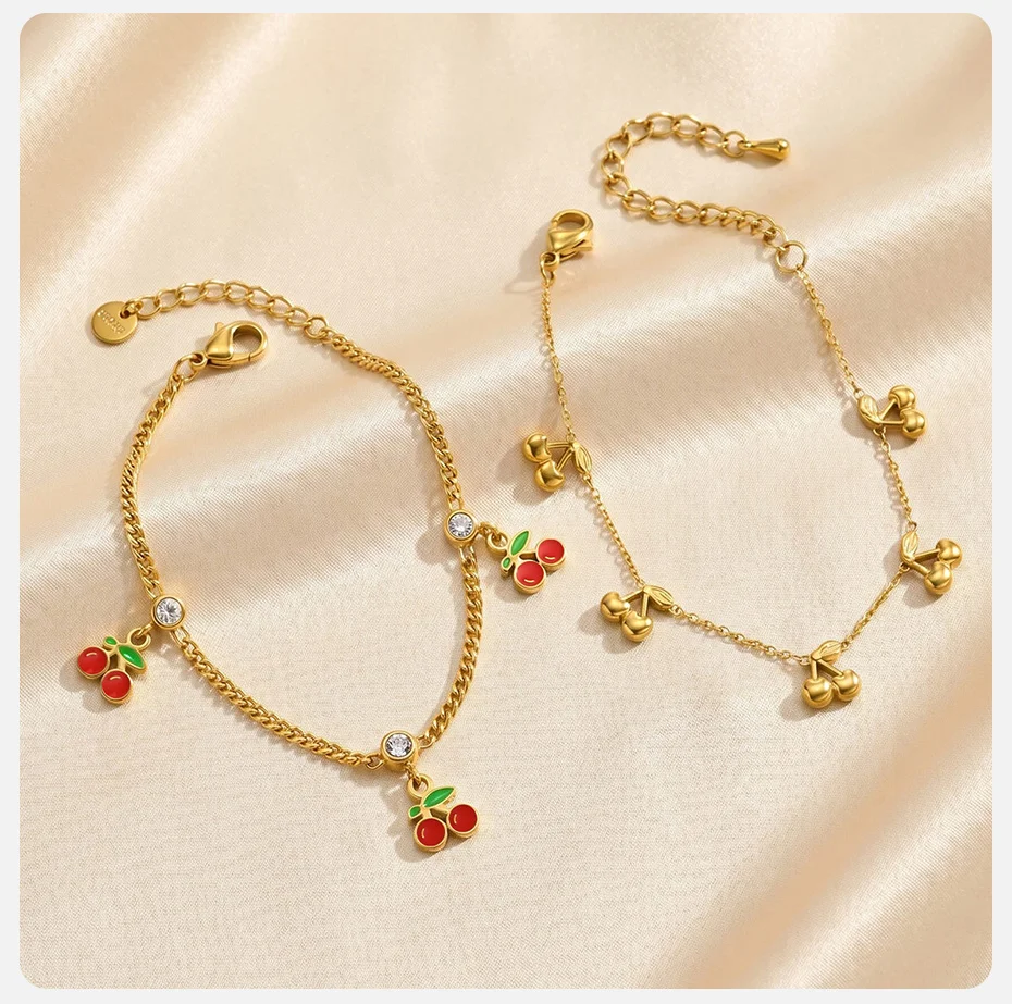Vnox Vergoldetes Süßes Kirsch-Charm-Armband für Frauen Edelstahl Gliederkette Niedliches Zierliches Früchte-Serie Armband Schmuck – Detail 5