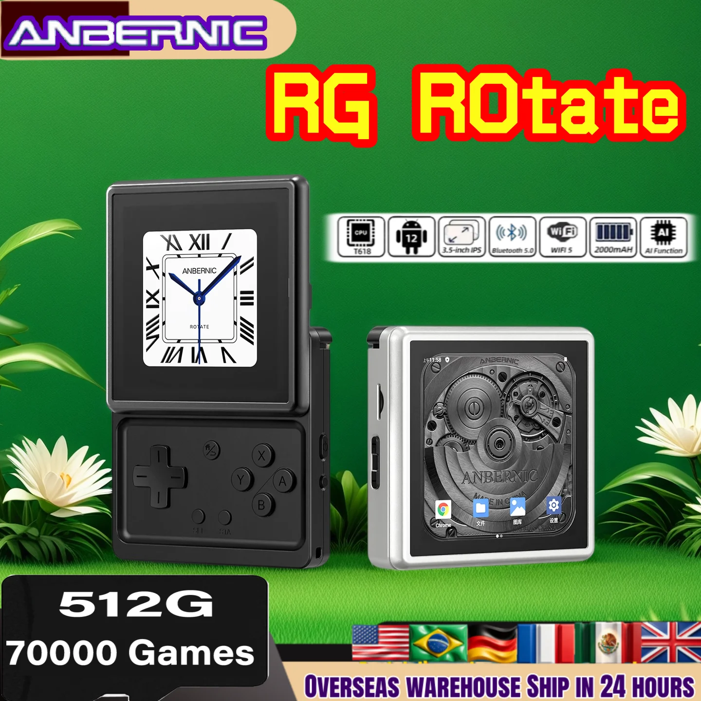 ANBERNIC RG Rotate Android Handheld Game Console 3.5" IPS 720720 T618 Retro Gaming Emulator WiFi 3GB+32GB Portable Player PSP
