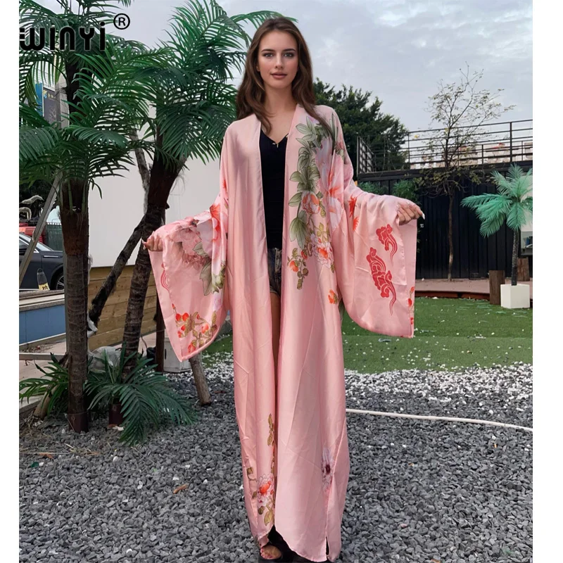 WINYI-Boho Kimono for Women,Beach Wear,Maxi Cardigan,Long Sleeve Silk Feeling,Beach Cover Up,African Holiday, Summer 2024 kaftan