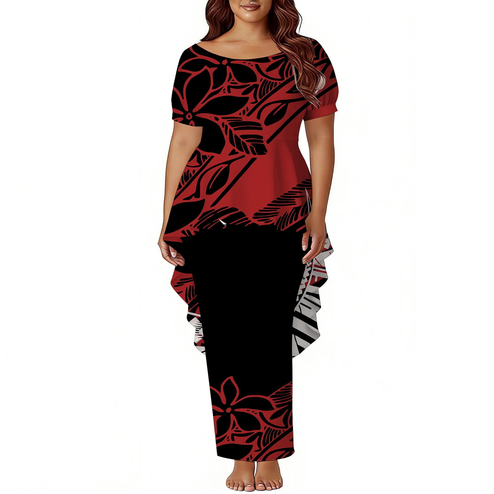 Vestido feminino personalizado padrão polinésia puletasi verão manga curta em torno do pescoço design rabo de andorinha topo e saia de fenda fina