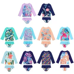 Summer Kids Split Swimwear Swimming Bathing Suit Children Long Sleeve Flower Print Swimming Top Briefs Set Bathing Beachwear