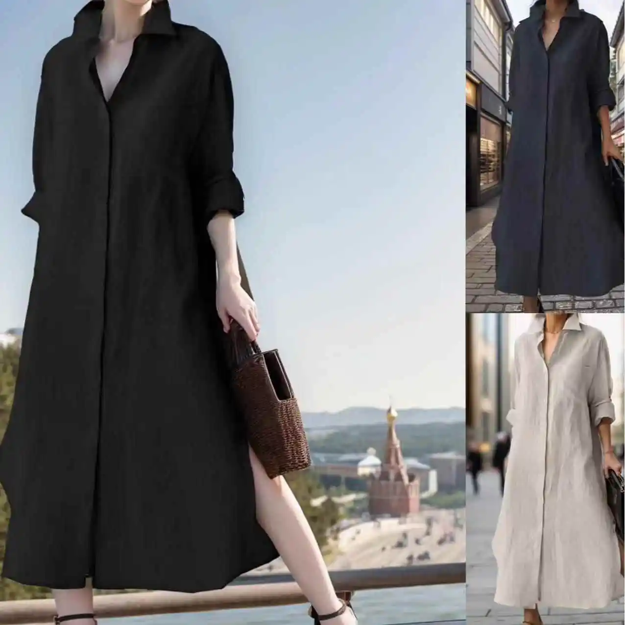 

Women's Long Sved Cardigan Shirt Split Cotton Commute Style Casual Long Sleeve Pure Color Splice Process Winter Fashion