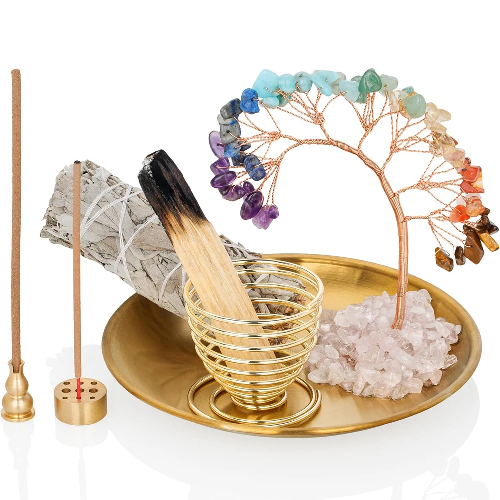 Soporte de incienso de árbol de cristal, soporte Palo Santo, quemador de salvia, recogedor de cenizas de latón de 5,5 pulgadas para varillas de incienso/encenso de bobina