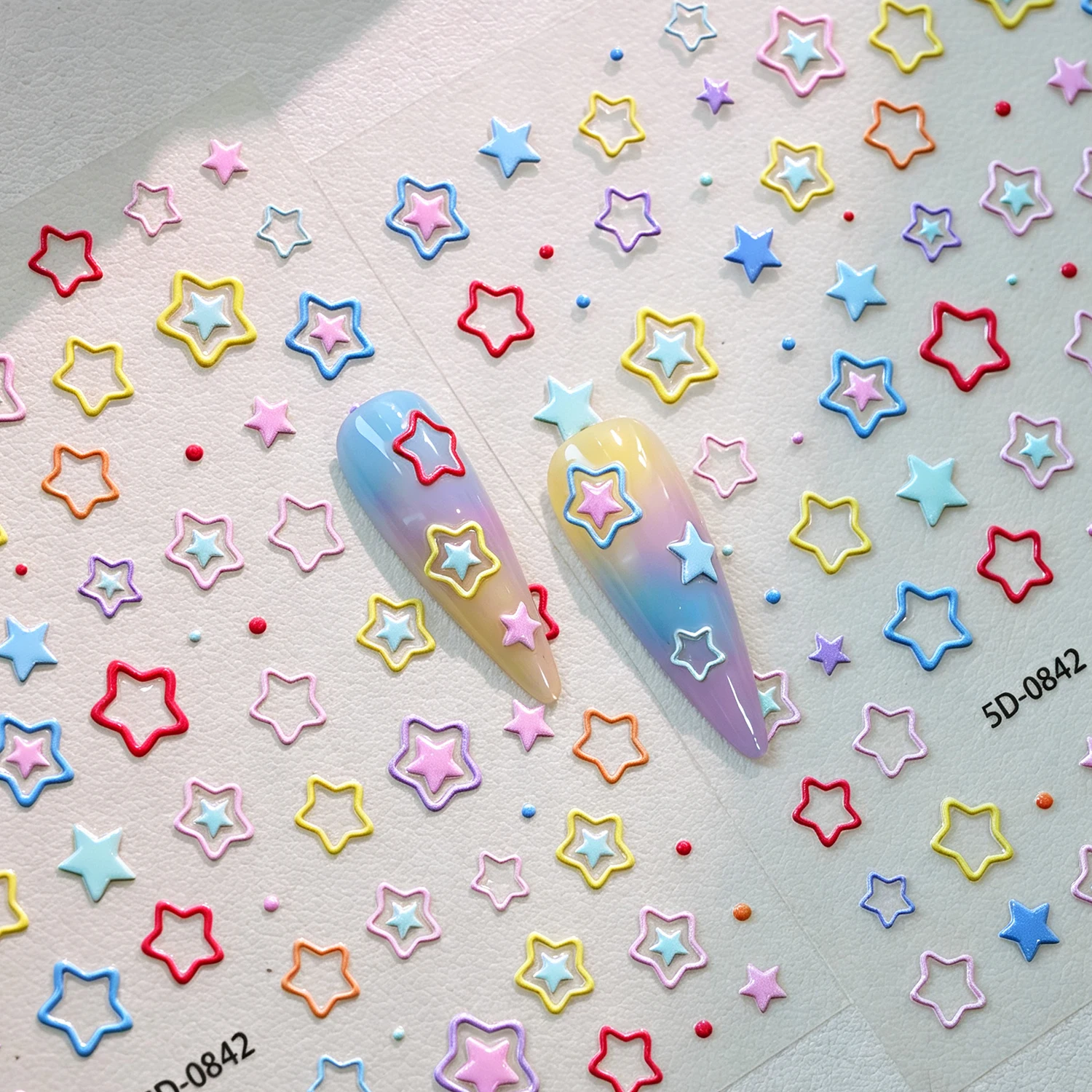 1Pcs 5D Embossed Hollow Stars Nail Stickers Macaron Line Star Polka Dot Self Adhesive Nails Decals Y2K Pentagram Manicure Decor