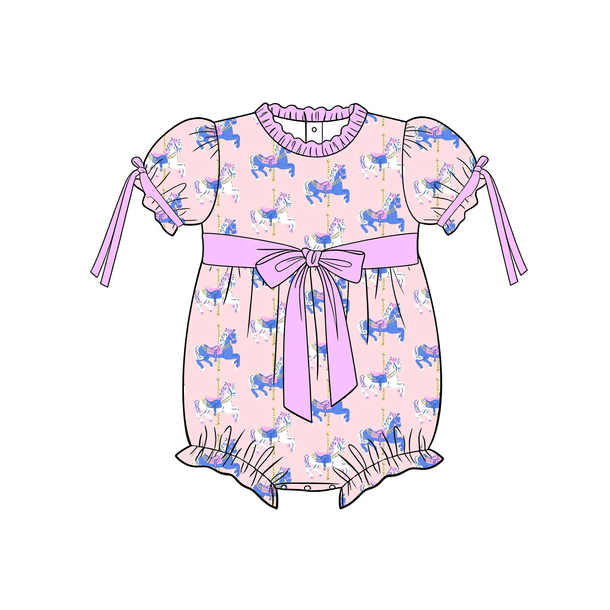 Boutique kid's rompers ruffled collar puff sleeves bow decoration snap closures animal print Custom and wholesale
