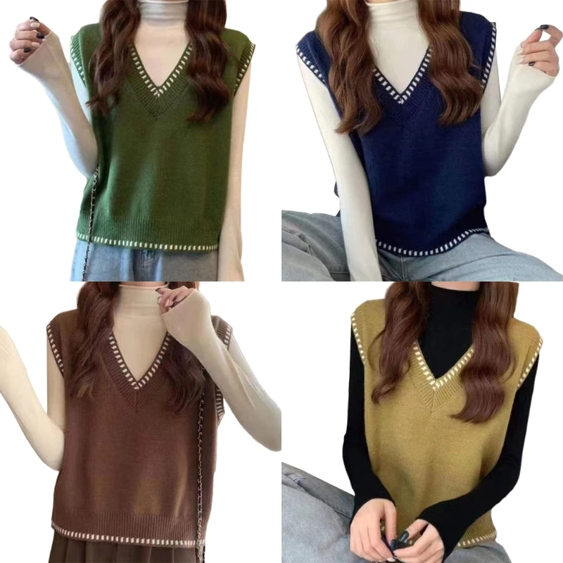 

A0NF V Neck Sweater Vest Oversized Sleeveless Loose Knit Tops Simple Sleeveless Sweater Fall Winter Waistcoat for Women Girls