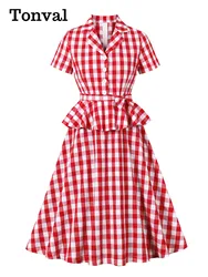 Tonval Elegant Red Gingham Cotton Midi Dresses for Women Notched Collar Buttons Belted 1950s Vintage Plaid Peplum Dress
