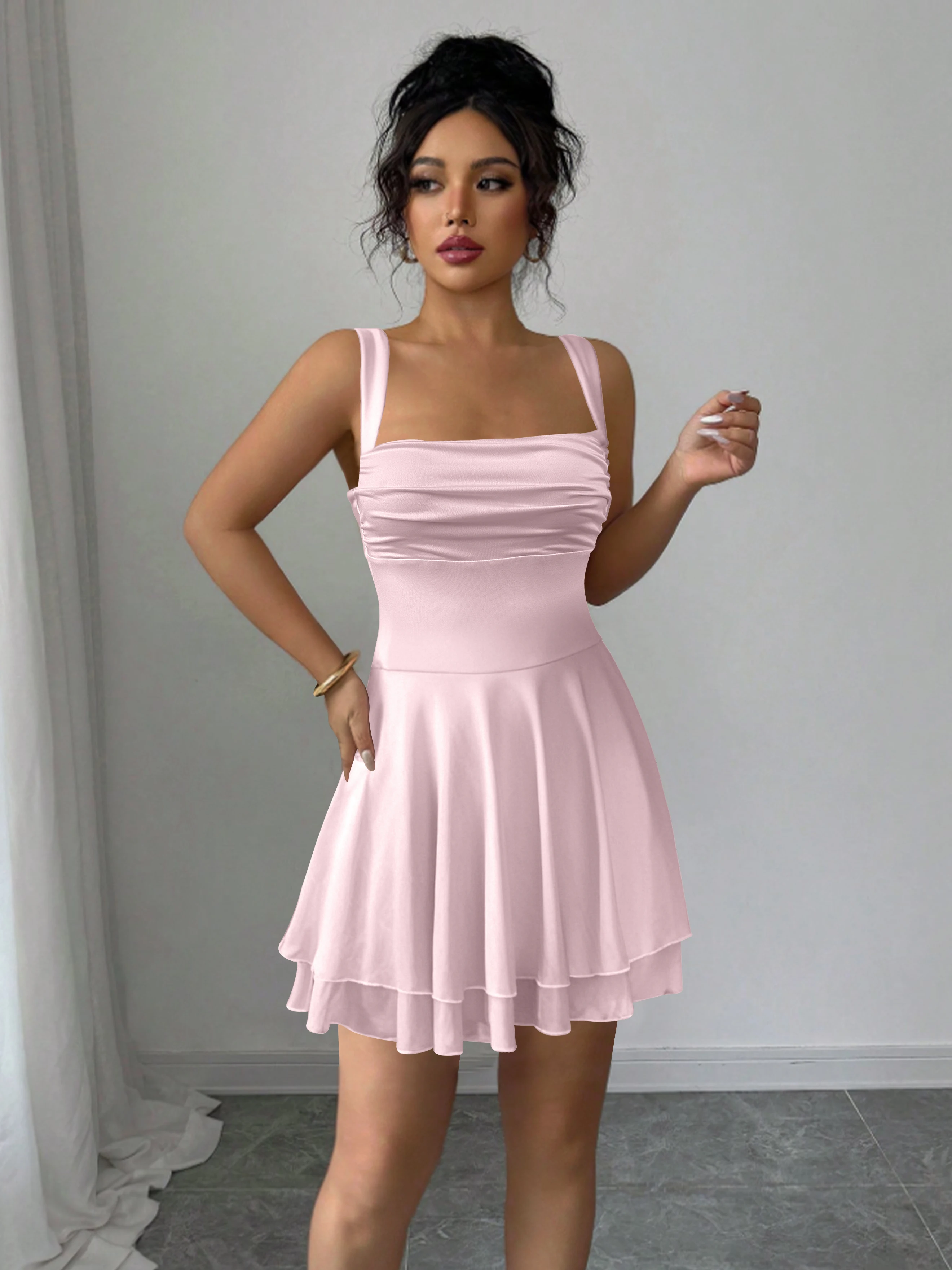 Sexy pescoço quadrado ombro fino ajuste vestido discotecas festas elegante dupla camada babados borda inchado saia feminina mini saia