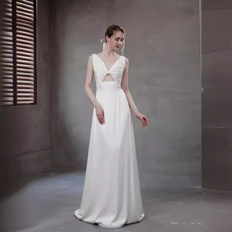 

Wedding Dress French Simplicity Elegant Marriage Engagement Evening Dress Bride License Slim White Dress