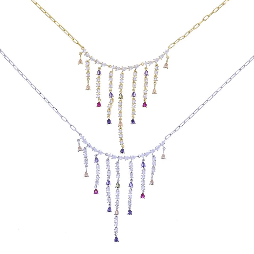 Classic Fashion High Polished 5A Cubic Zirconia Color Waterdrop CZ Tassel Tennis Chain Tear Drop Charm Sexy Necklace for Women