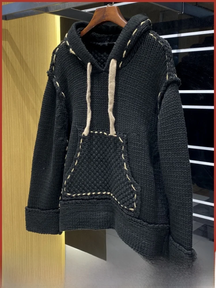 

Couple's Knitted Hat Sweater Casual Sle Contrast Color Kangaroo ket Loose Fit Long Sve Warmth Comfortable Knitwear