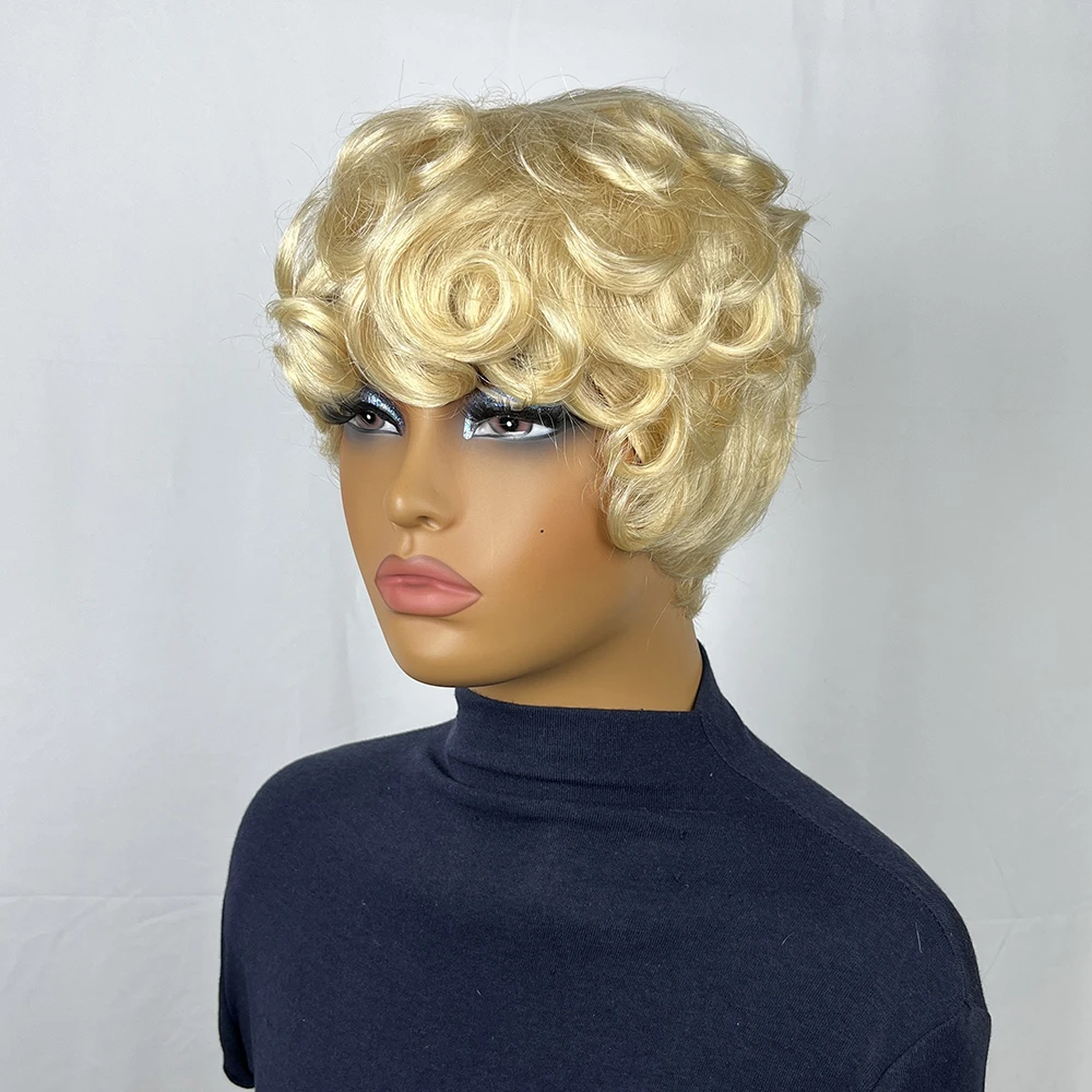 Афро-пушистый вьющийся парик 613 цветов в стиле пикси, вьющийся короткий вьющийся парик из человеческих волос, полный машинный парик, парики из человеческих волос для женщин