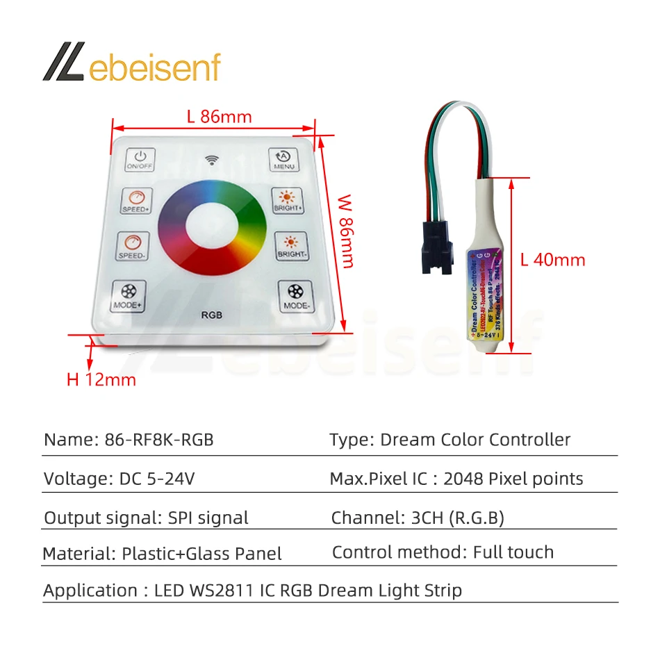 Mini LED Dream Color Controller 2048 Pixel DC 5-24V and Full Touch RF 8-Key Wireless 86 Panel for RGB 2811 2812 5050 Light Strip