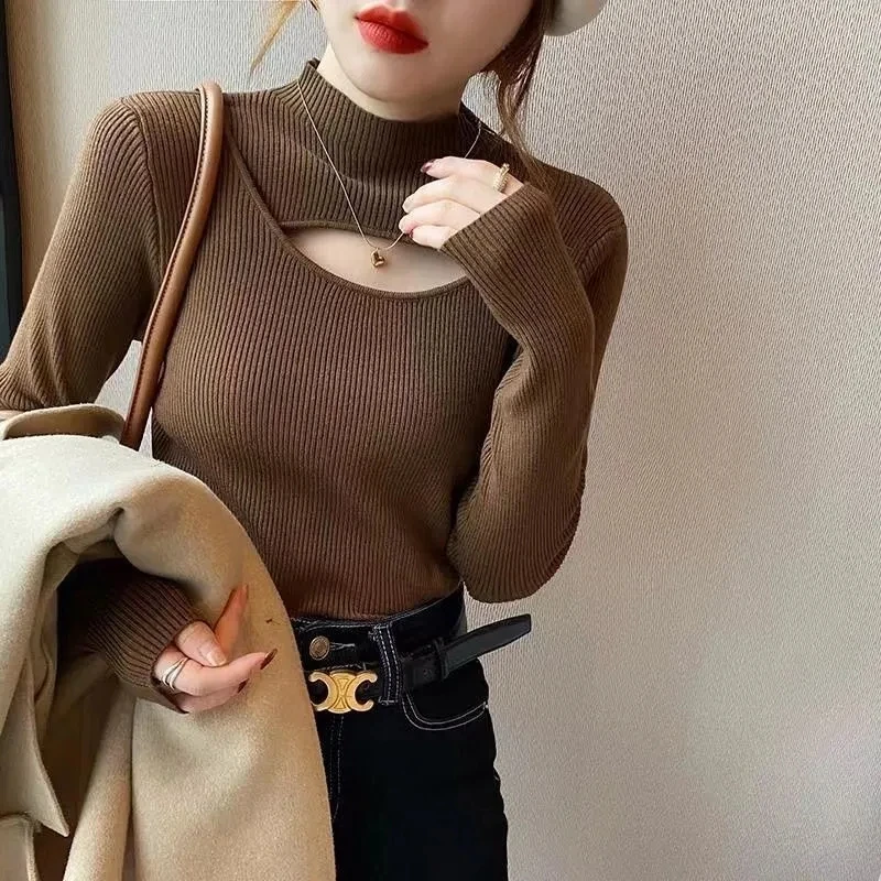 

Autumn Winter Basic Semi-Turtle Neck Solid Sweater Pullover Women's Knitt Sweater Slim Long Sleeve Hollow Sweater Cheap Top Lady