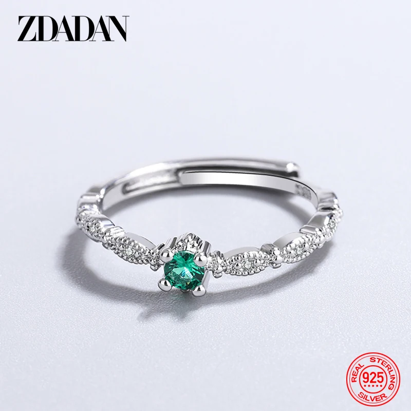 ZDADAN 925 Sterling Silver Green Zircon Adjustable Ring For Women Girls Fashion Jewelry